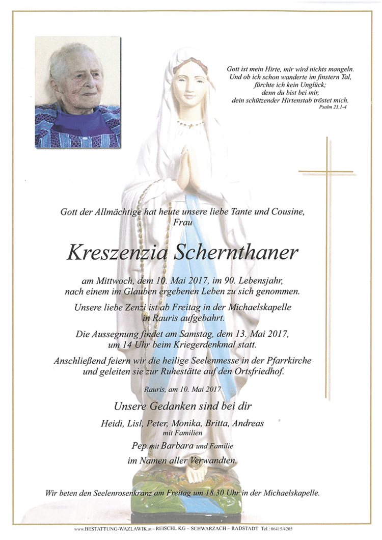 Parte von Zenzi Schernthaner † 10.05.2017