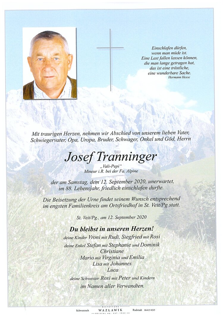 Parte von Josef Tranninger † 12.09.2020