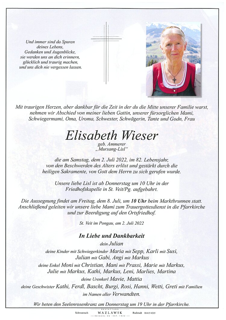 Parte von Elisabeth Wieser † 02.07.2022