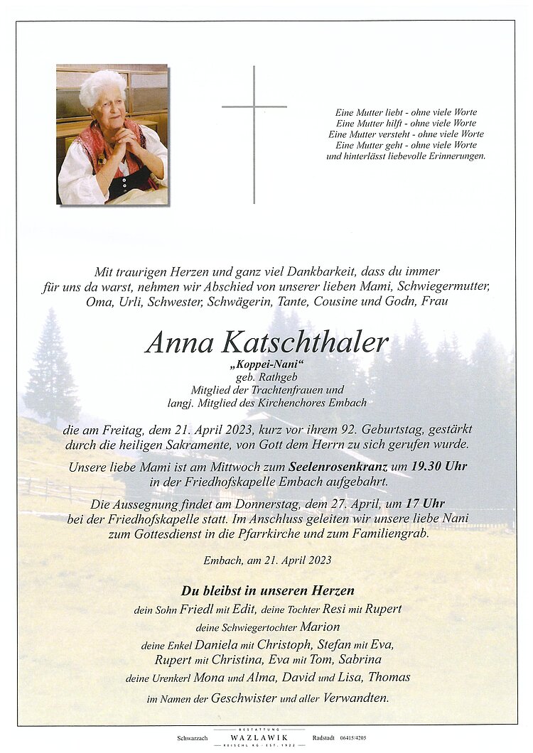 Parte von Anna Katschthaler † 21.04.2023