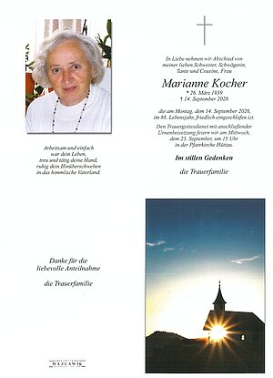 Parte von Marianne Kocher † 14.09.2026 aus Hüttau