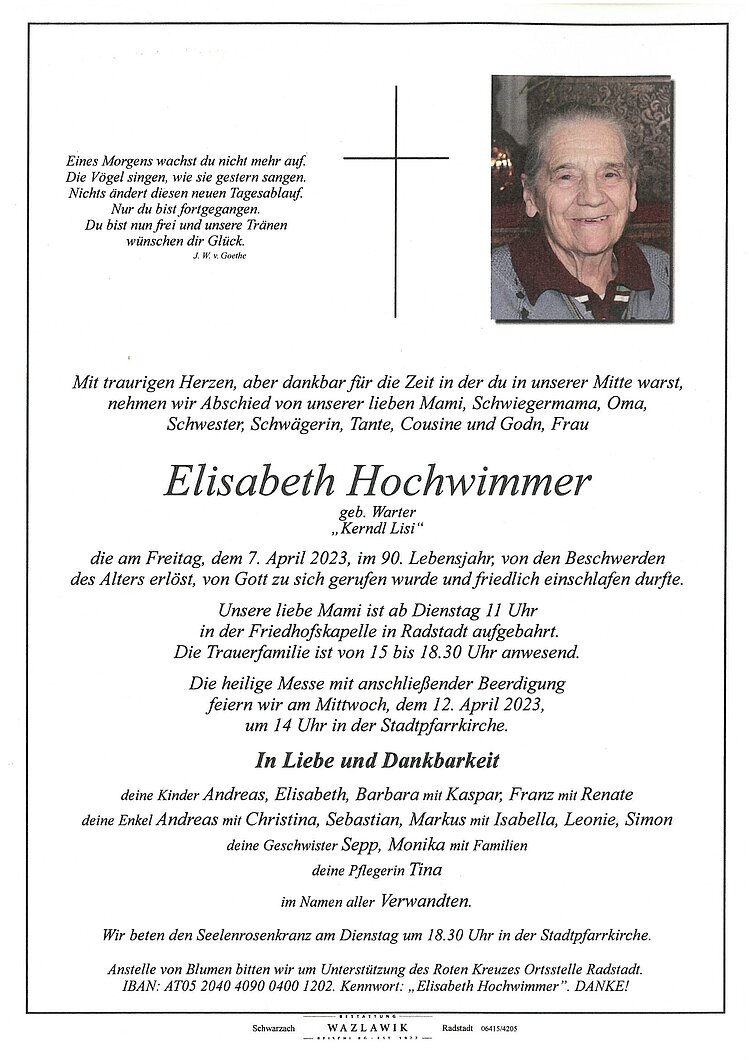 Parte von Elisabeth Hochwimmer † 07.04.2023