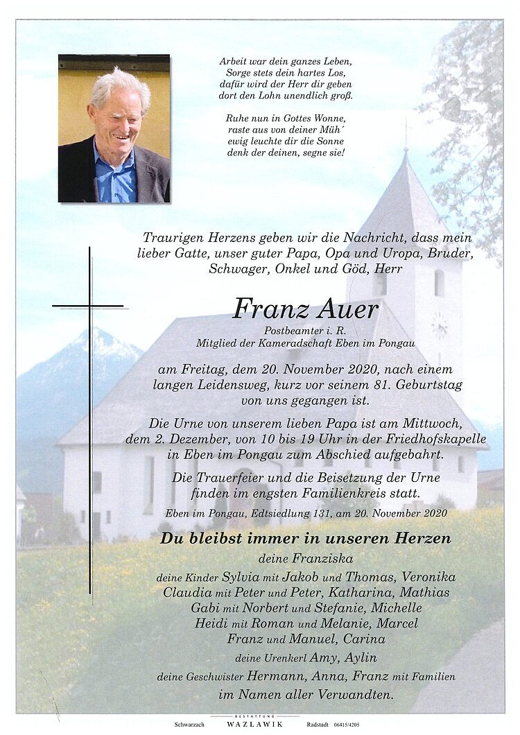 Parte von Franz Auer † 20.11.2020