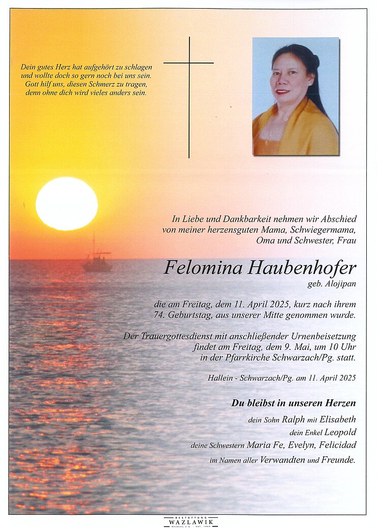 Parte von Filomina Haubenhofer † 11.04.2025