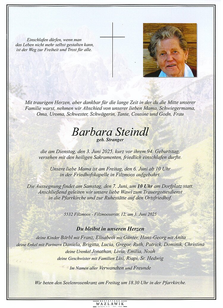 Parte von Barbara Steindl † 03.06.2025