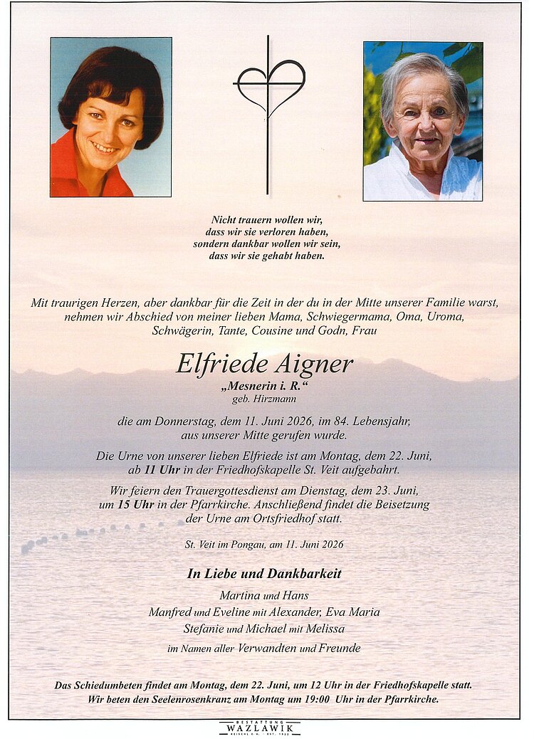 Parte von Elfriede Aigner † 11.06.2026