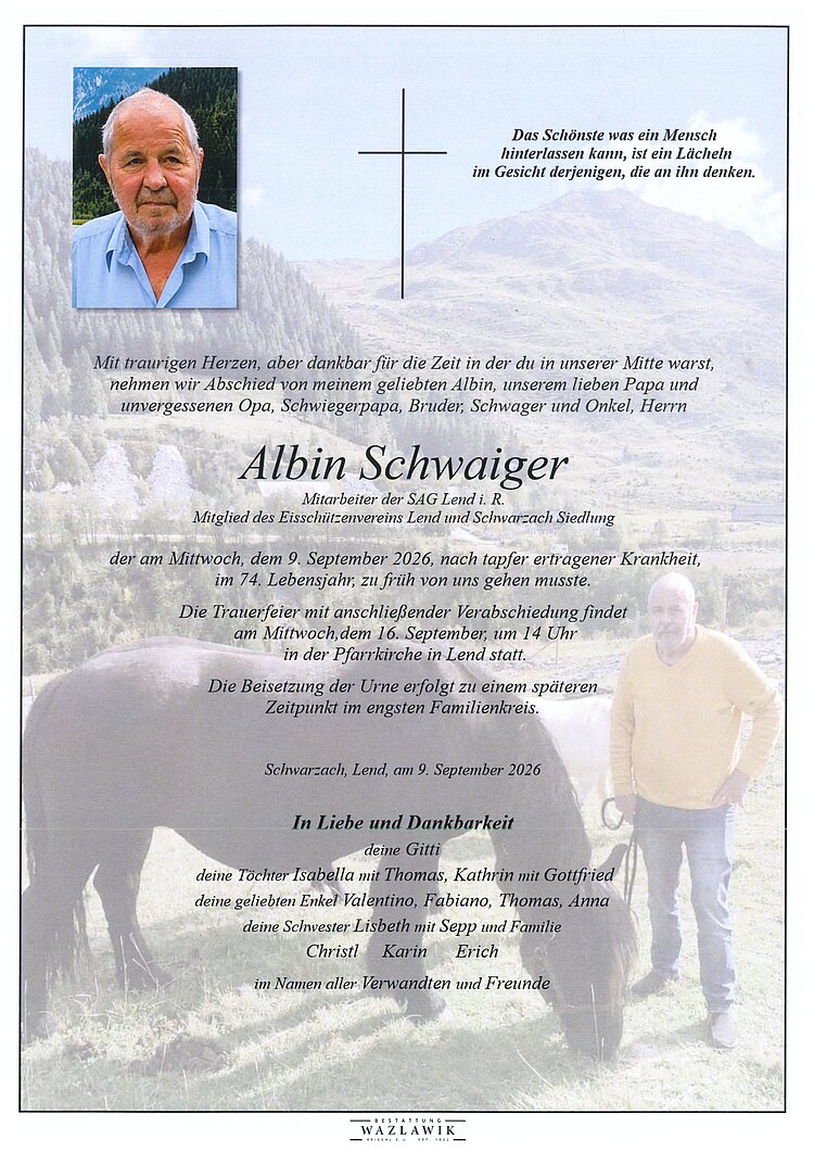Parte von Albin Schwaiger † 09.09.2026