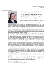 Parte von Sr. Blandina Maria Geisler † 19.03.2026 aus Salzburg