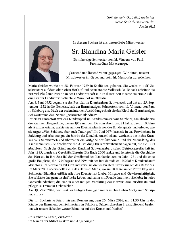 Parte von Sr. Blandina Maria Geisler † 19.03.2026