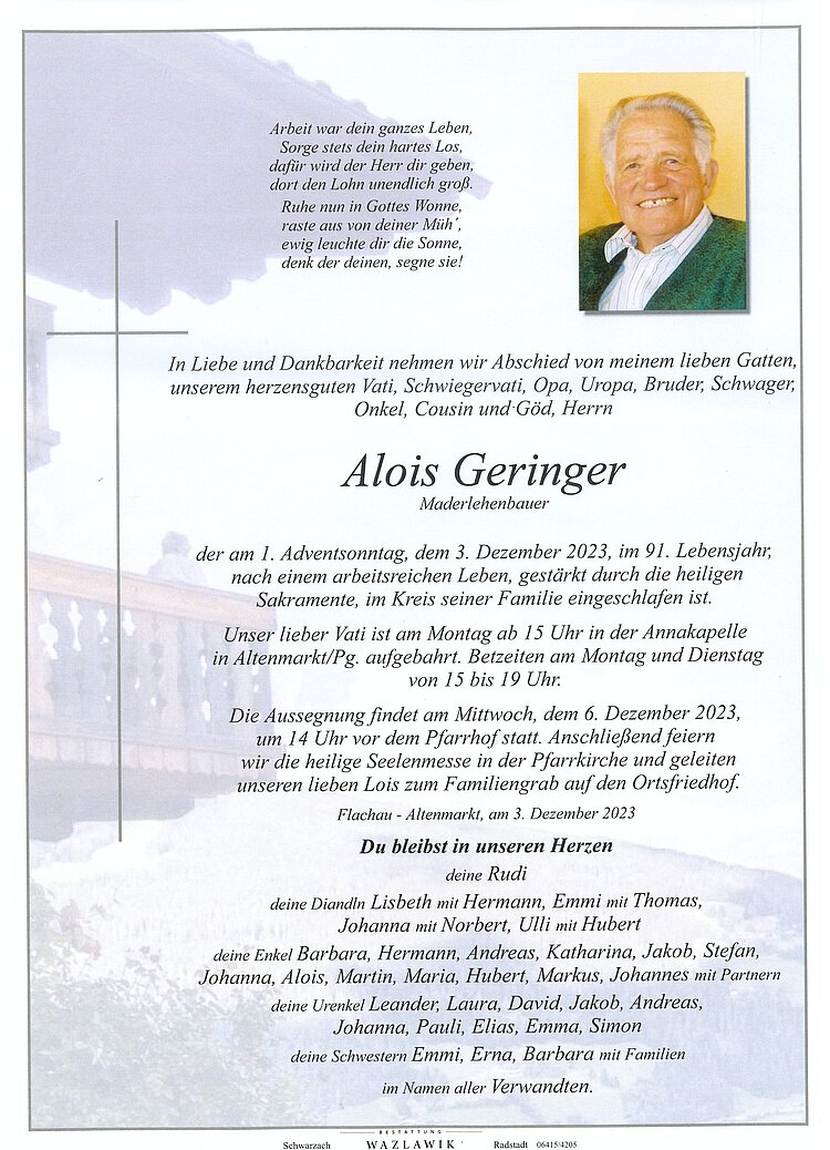 Parte von Alois Geringer † 03.12.2023