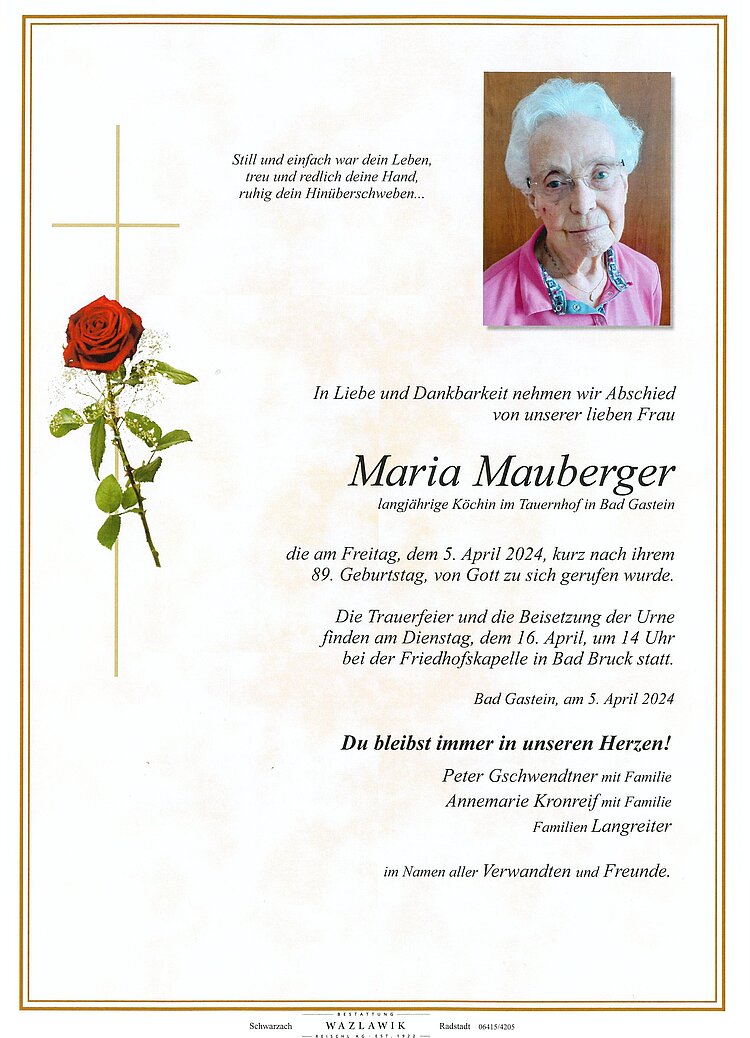 Parte von Maria Mauberger † 05.04.2024