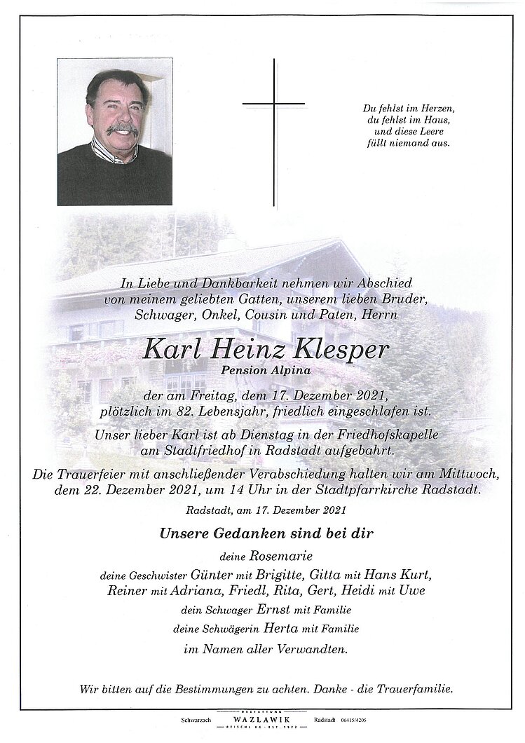 Parte von Karl Heinz Klesper † 17.12.2021