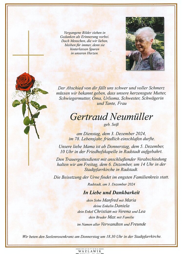 Parte von Gertraud Neumüller † 03.12.2024