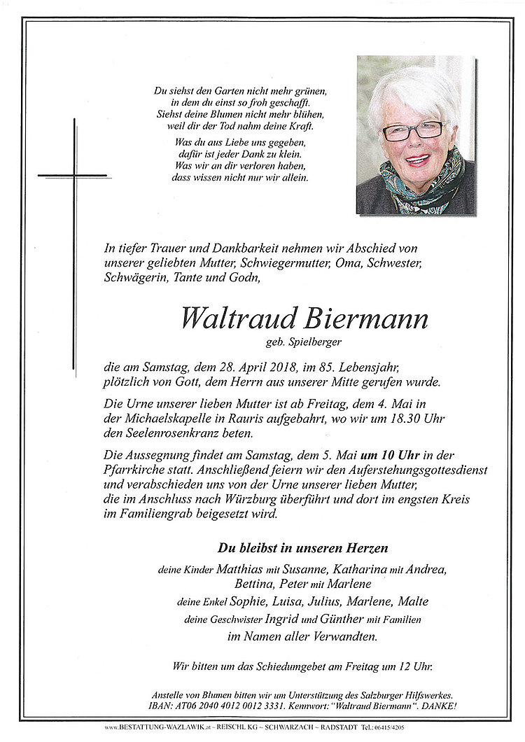 Parte von Waltraud Biermann † 28.04.2018