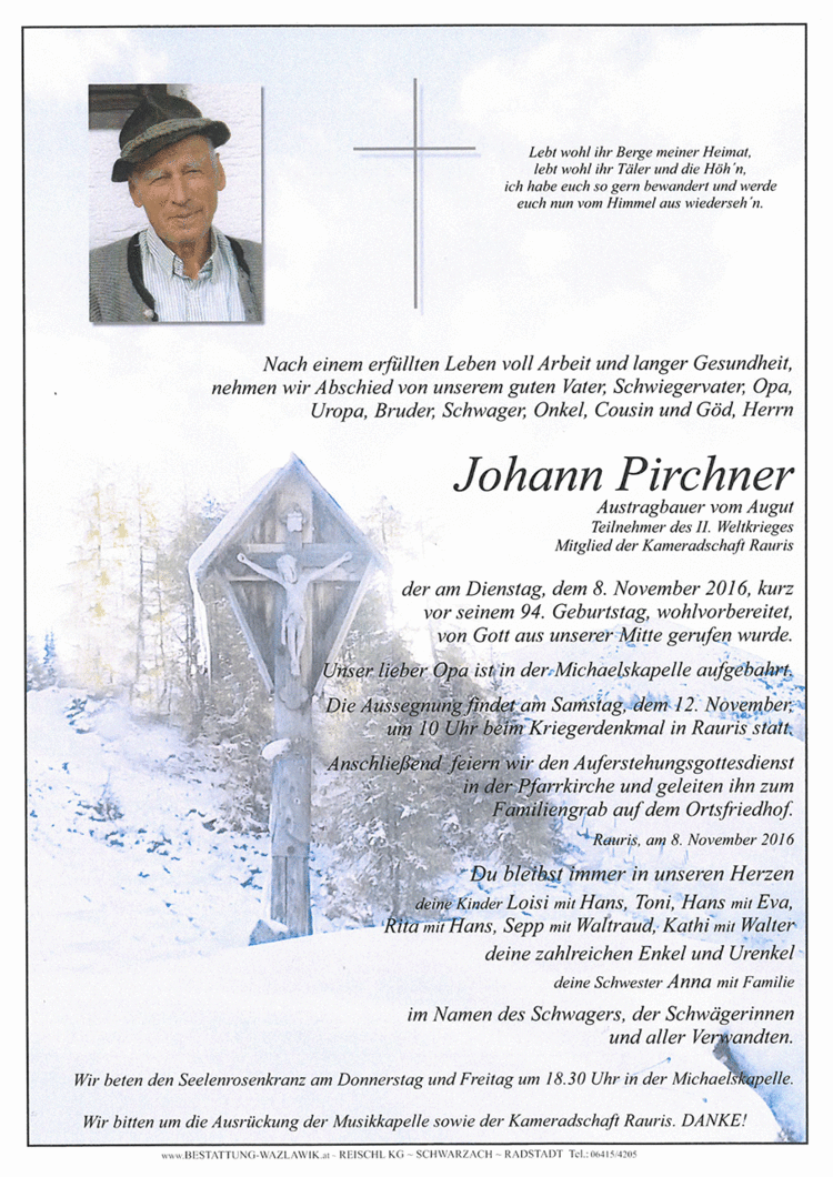 Parte von Johann Pirchner † 08.11.2016