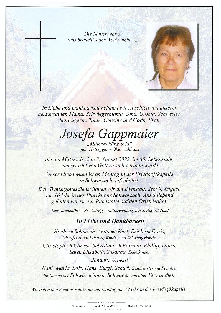 Parte von Josefa Gappmaier † 03.08.2022