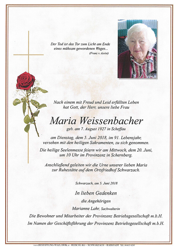 Parte von Maria Weissenbacher † 05.06.2018