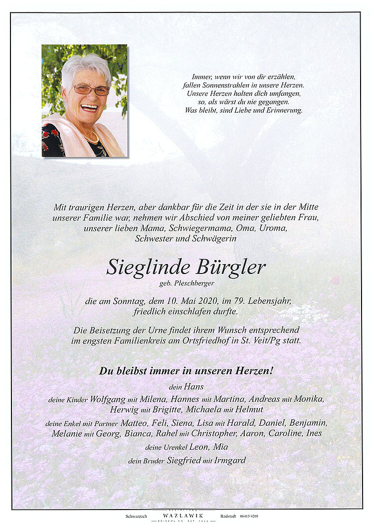 Parte von Sieglinde Bürgler † 10.05.2020