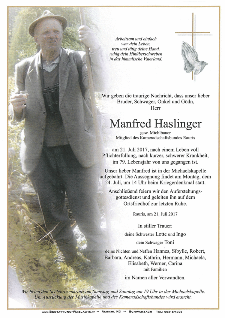 Parte von Manfred Haslinger † 21.07.2017
