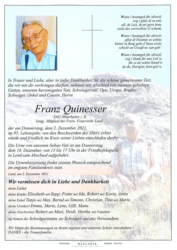 Parte von Franz Quinesser † 02.12.2021