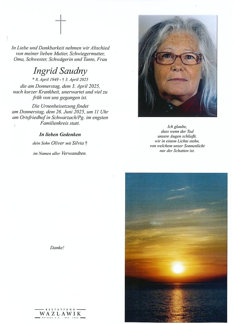 Parte von Ingrid Saudny † 03.04.2025