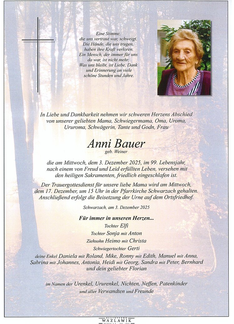 Parte von Anni Bauer † 03.12.2025