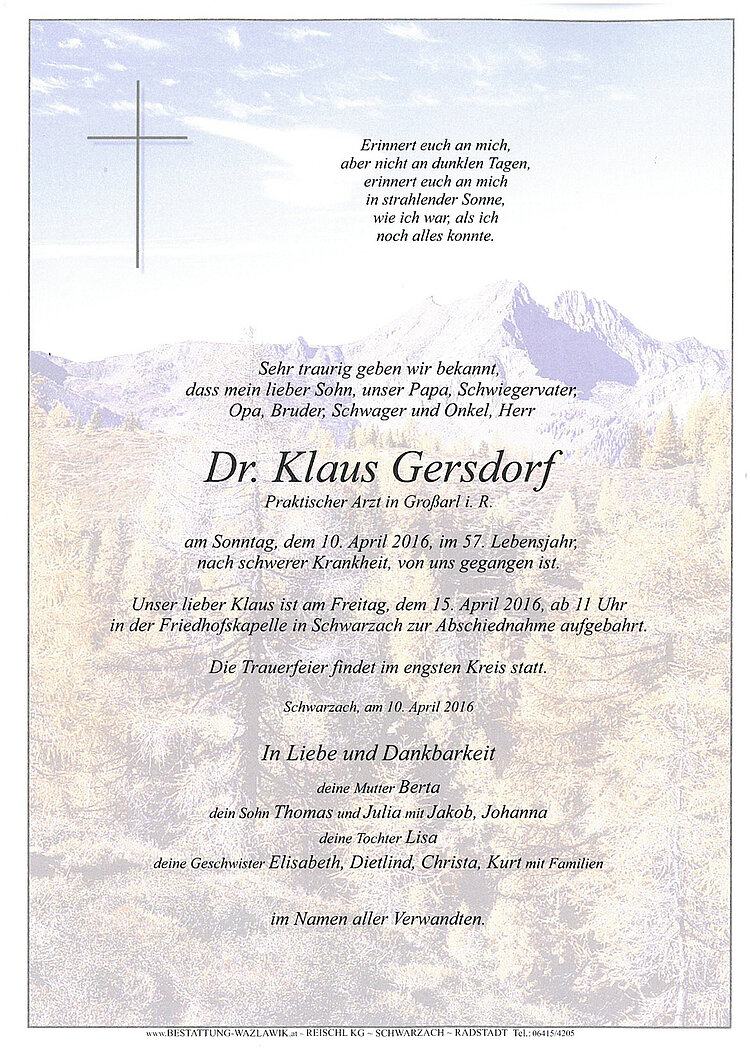 Parte von Dr. Klaus Gersdorf † 10.04.2016