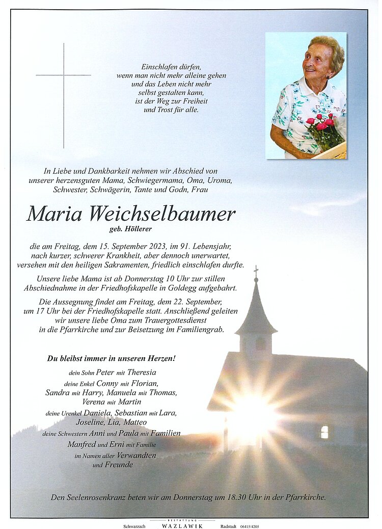 Parte von Maria Weichselbaumer † 15.09.2023