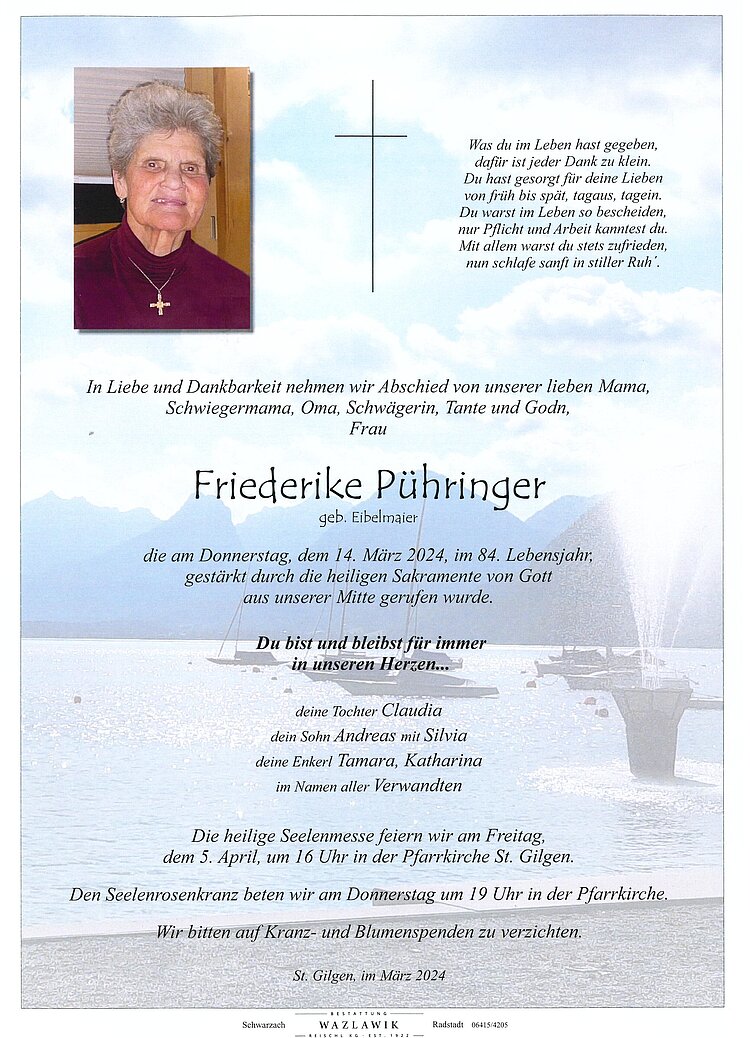 Parte von Friederike Pühringer † 14.03.2024