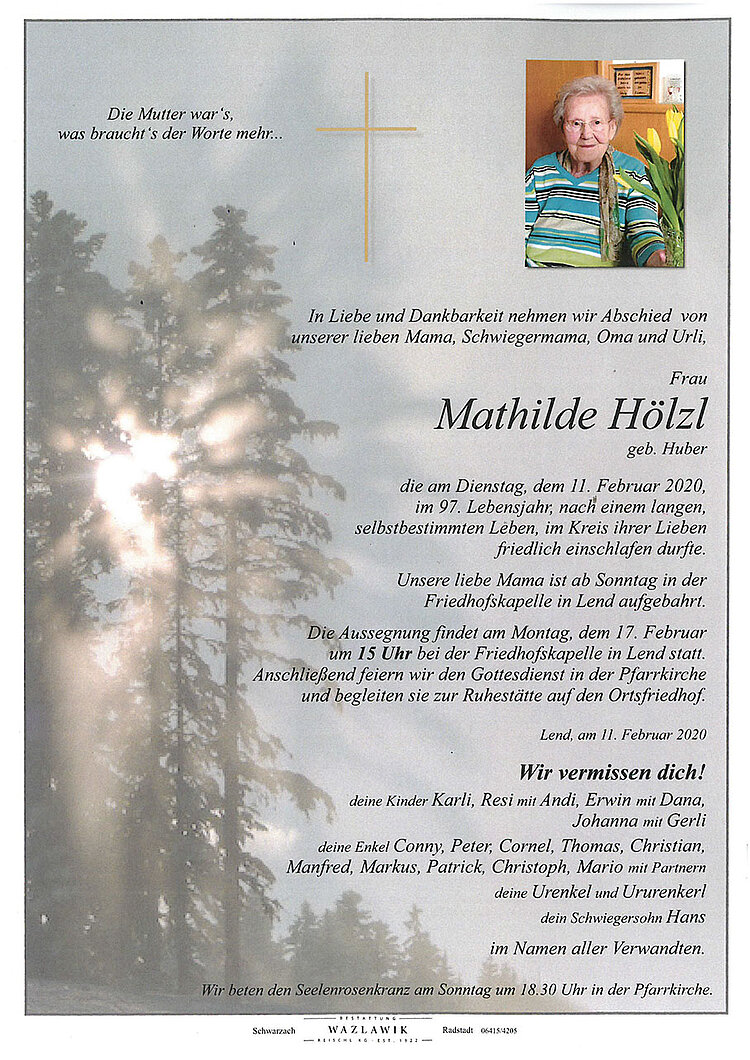 Parte von Mathilde Hölzl † 11.02.2020