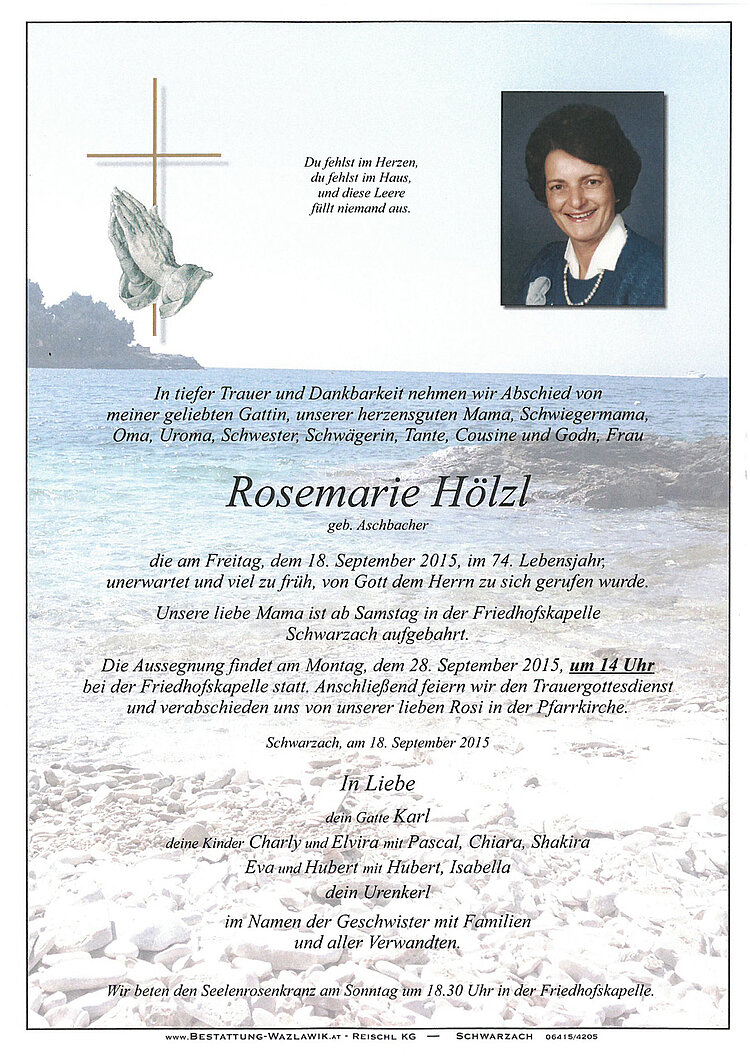 Parte von Rosemarie Hölzl † 18.09.2015