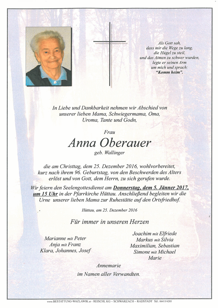 Parte von Anna Oberauer † 25.12.2016