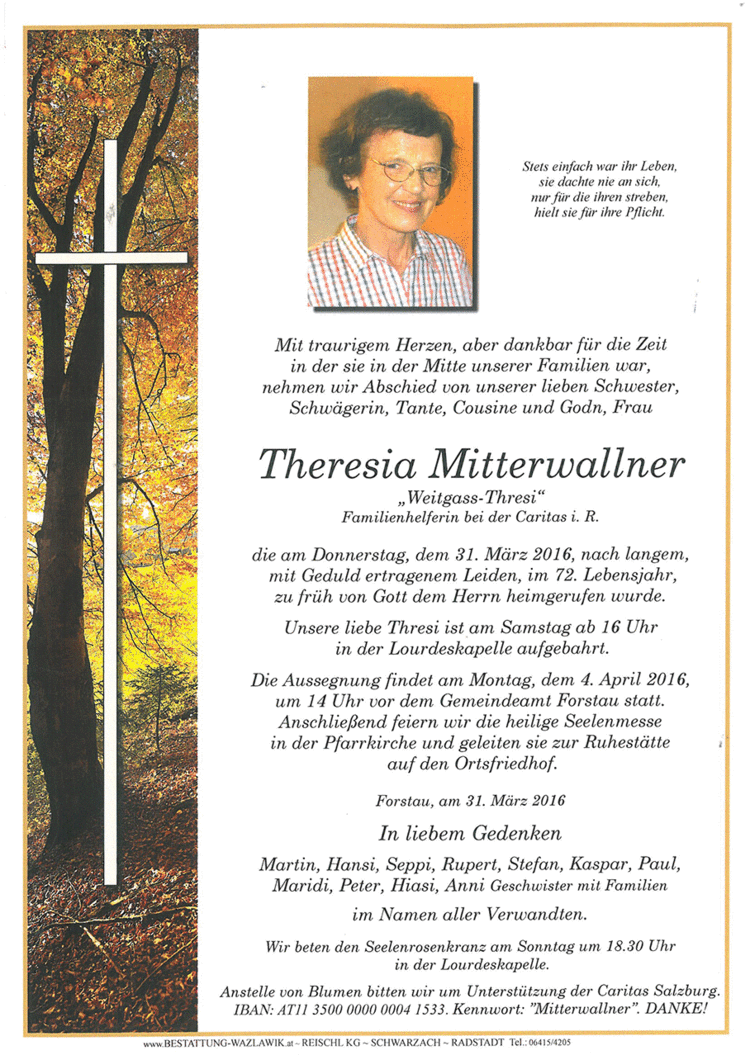Parte von Theresia Mitterwallner † 31.03.2016
