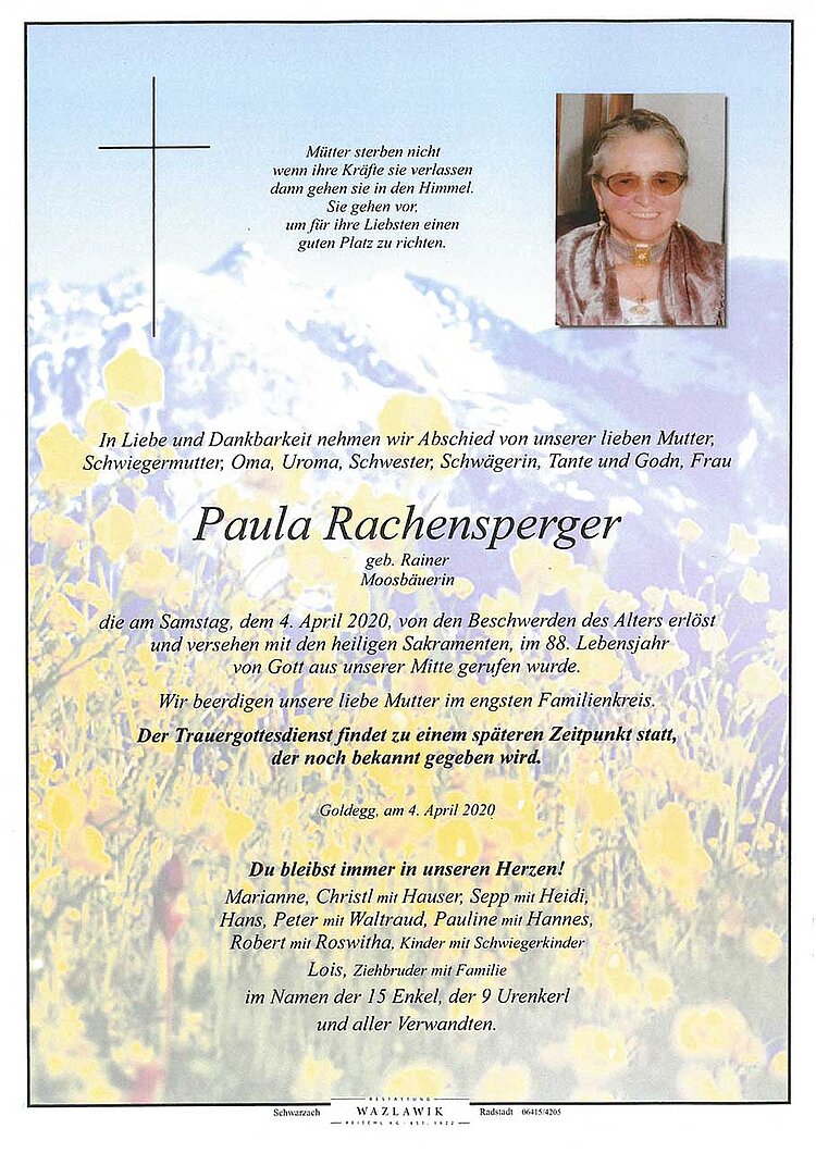 Parte von Paula Rachensperger † 04.04.2020