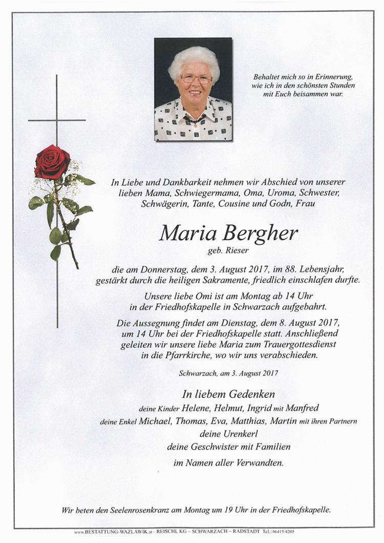 Parte von Maria Bergher † 03.08.2017