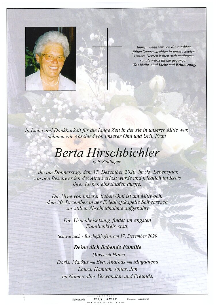 Parte von Berta Hirschbichler † 17.12.2020