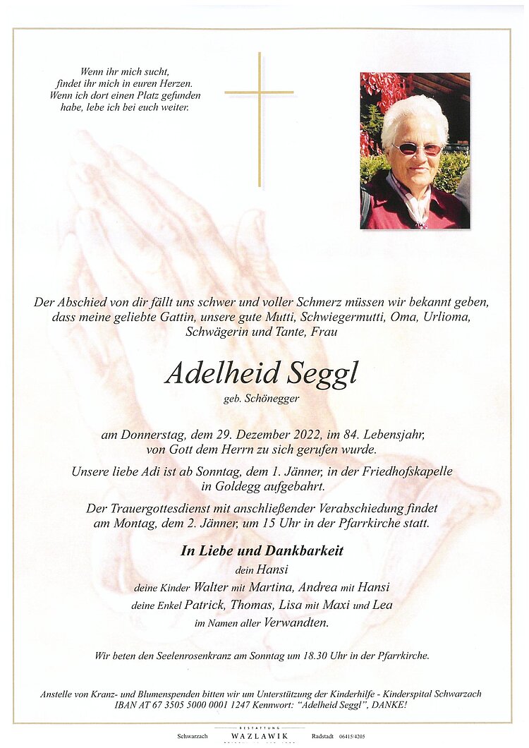 Parte von Adelheid Seggl † 29.12.2022