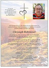 Parte von Christoph Rohrmoser † 14.02.2026 aus Schwarzach im Pongau