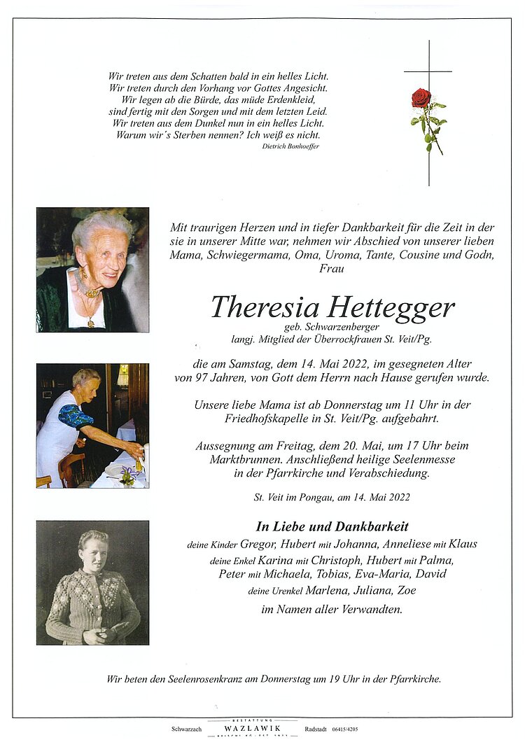 Parte von Theresia Hettegger † 14.05.2022