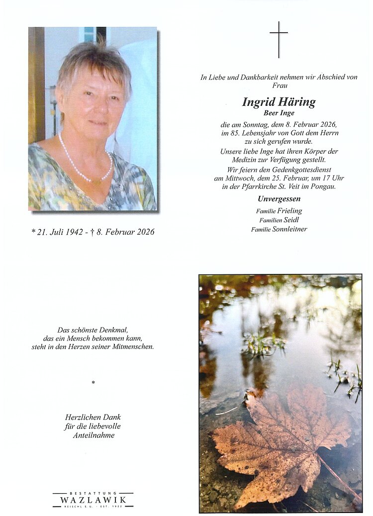 Parte von Ingrid Häring † 08.02.2026