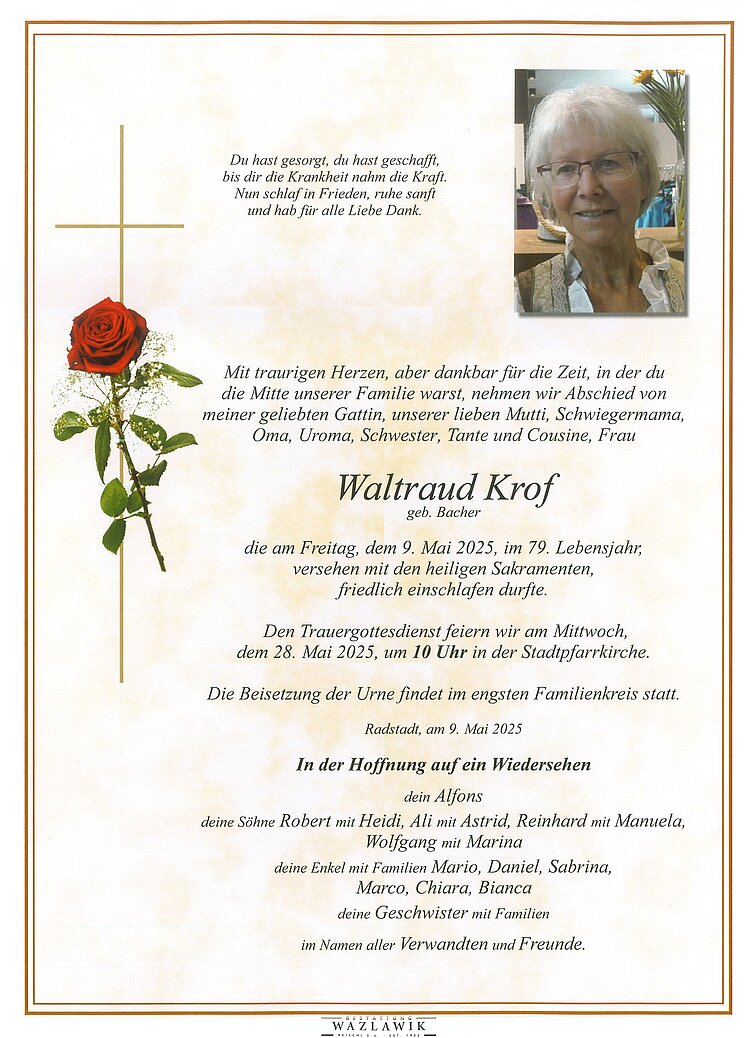 Parte von Waltraud Krof † 09.05.2025