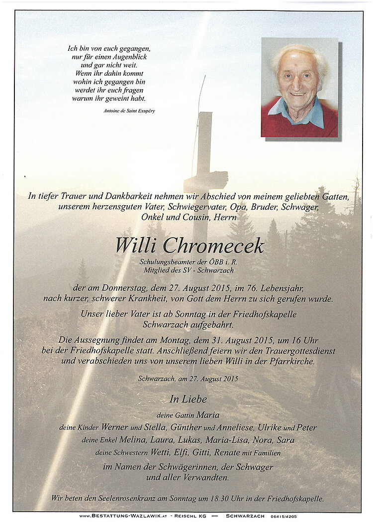 Parte von Wilhelm Chromecek † 27.08.2015