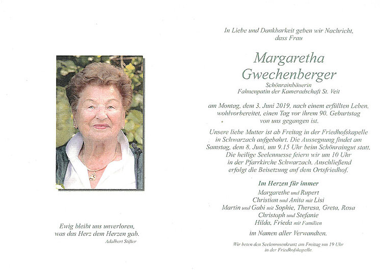 Parte von Margaretha Gwechenberger † 03.06.2019