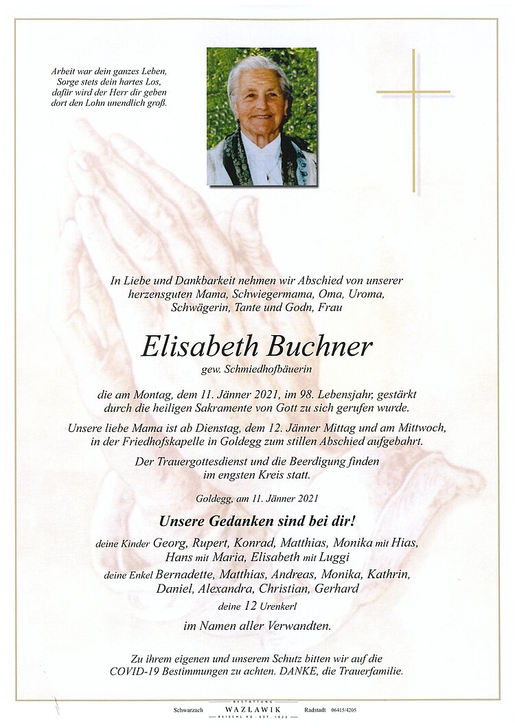 Parte von Elisabeth Buchner † 11.01.2021