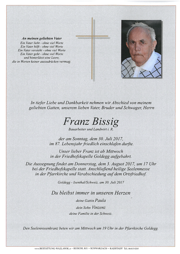Parte von Franz Bissig † 30.07.2017