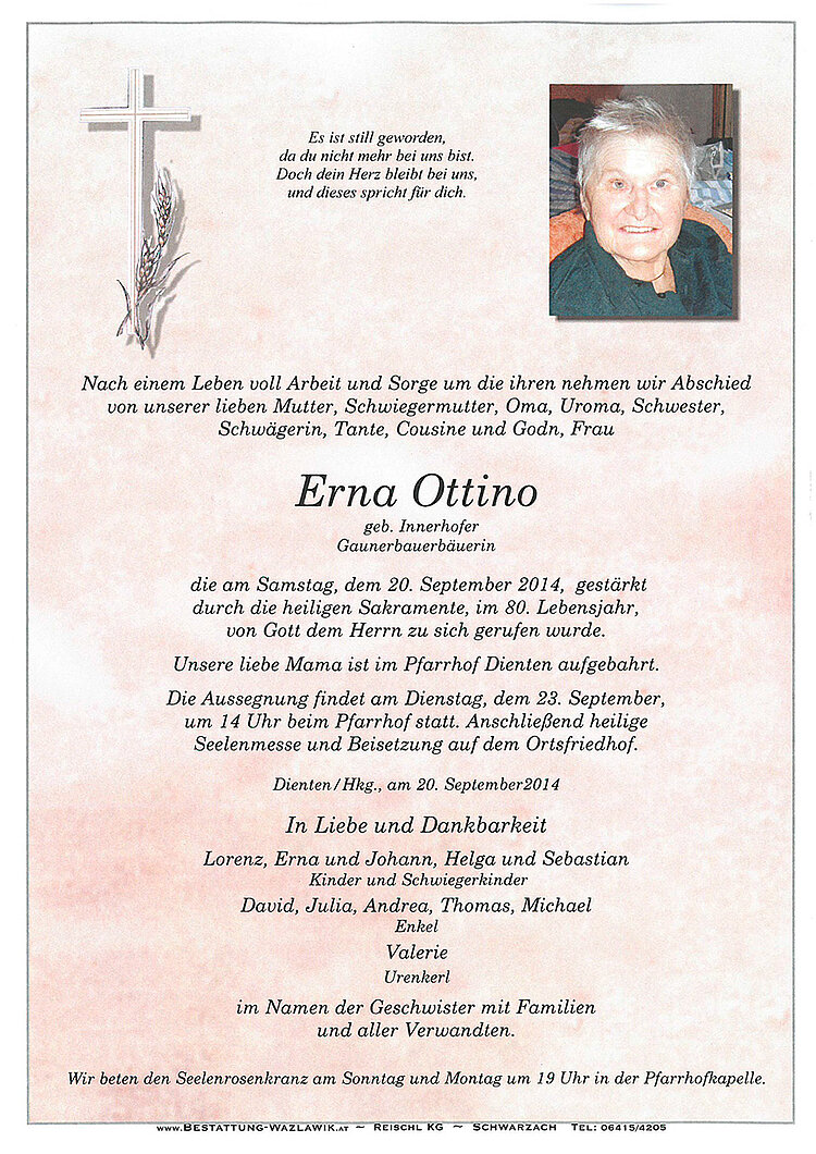 Parte von Erna Ottino † 20.09.2014