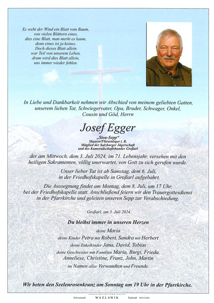 Parte von Josef Egger † 03.07.2024