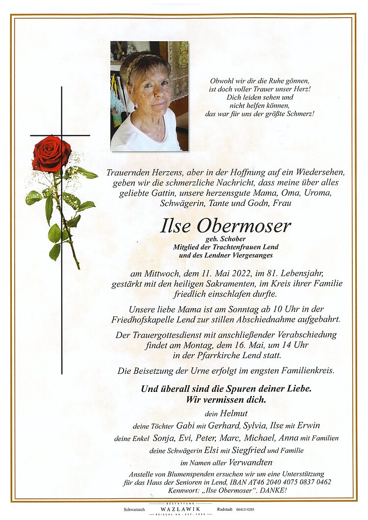 Parte von Ilse Obermoser † 11.05.2022