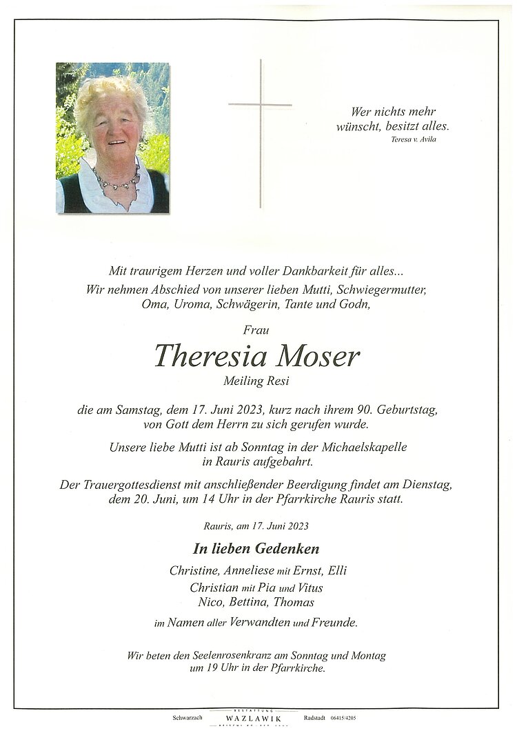 Parte von Theresia Moser † 17.06.2023