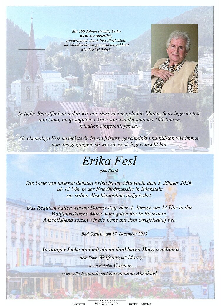 Parte von Erika Fesl † 17.12.2023